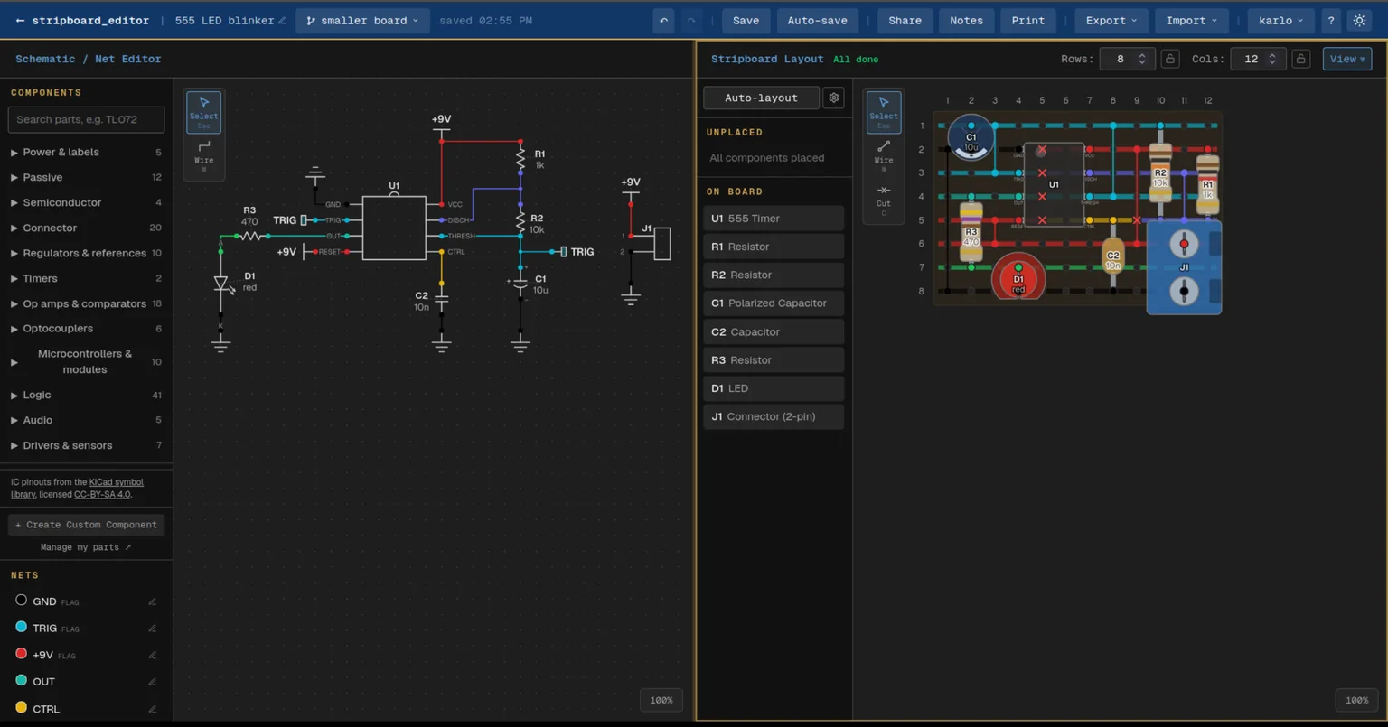 The same project on the branch smaller board, laid out on a 12 by 8 board