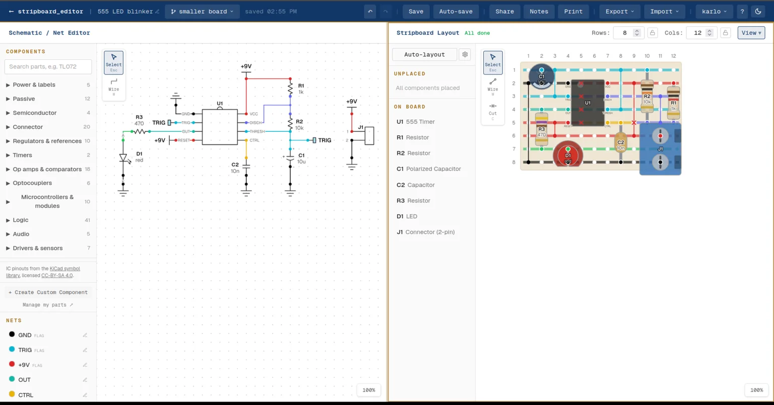 The same project on the branch smaller board, laid out on a 12 by 8 board