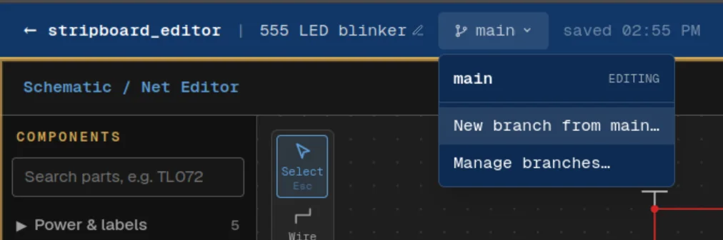The branch menu open below the branch name in the toolbar