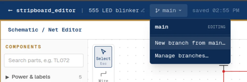 The branch menu open below the branch name in the toolbar