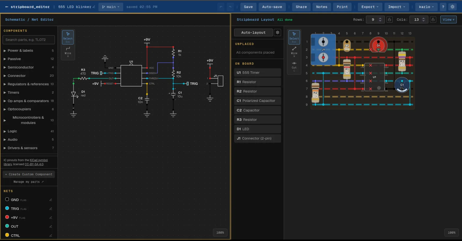 The 555 LED blinker in the editor, laid out on a 13 by 9 board