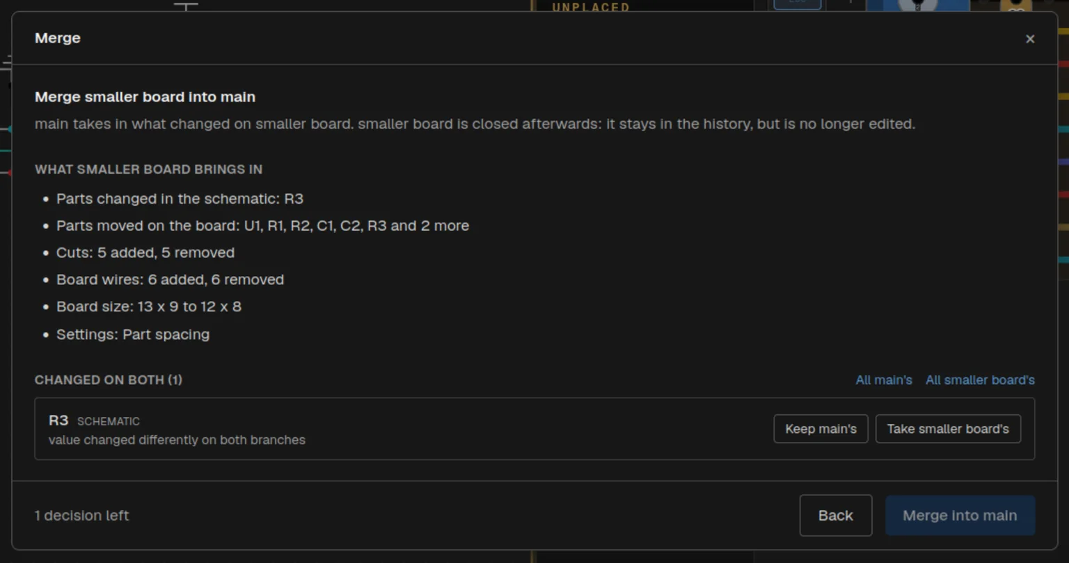 The merge review listing the changes and one conflict on R3