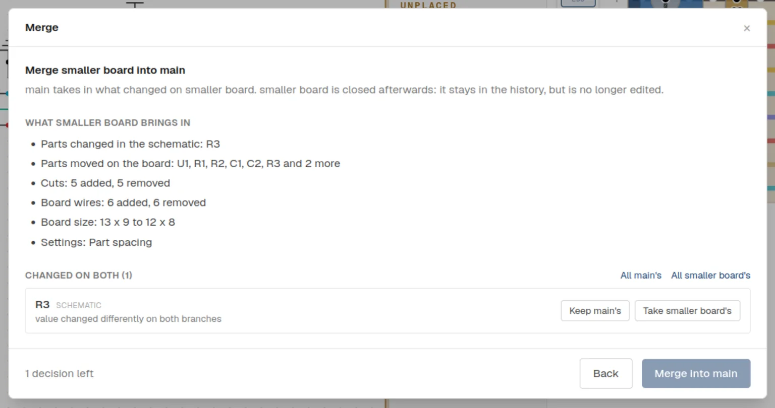 The merge review listing the changes and one conflict on R3