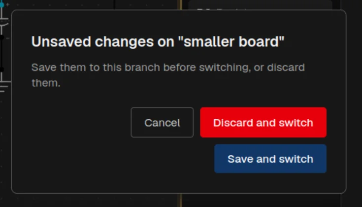 A dialog offering Cancel, Discard and switch, and Save and switch