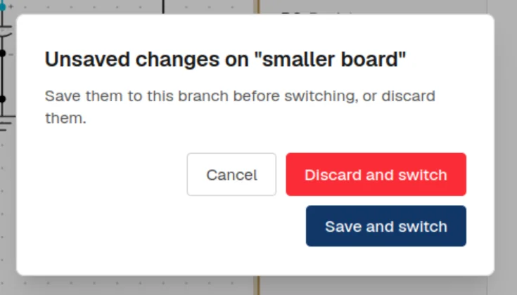 A dialog offering Cancel, Discard and switch, and Save and switch