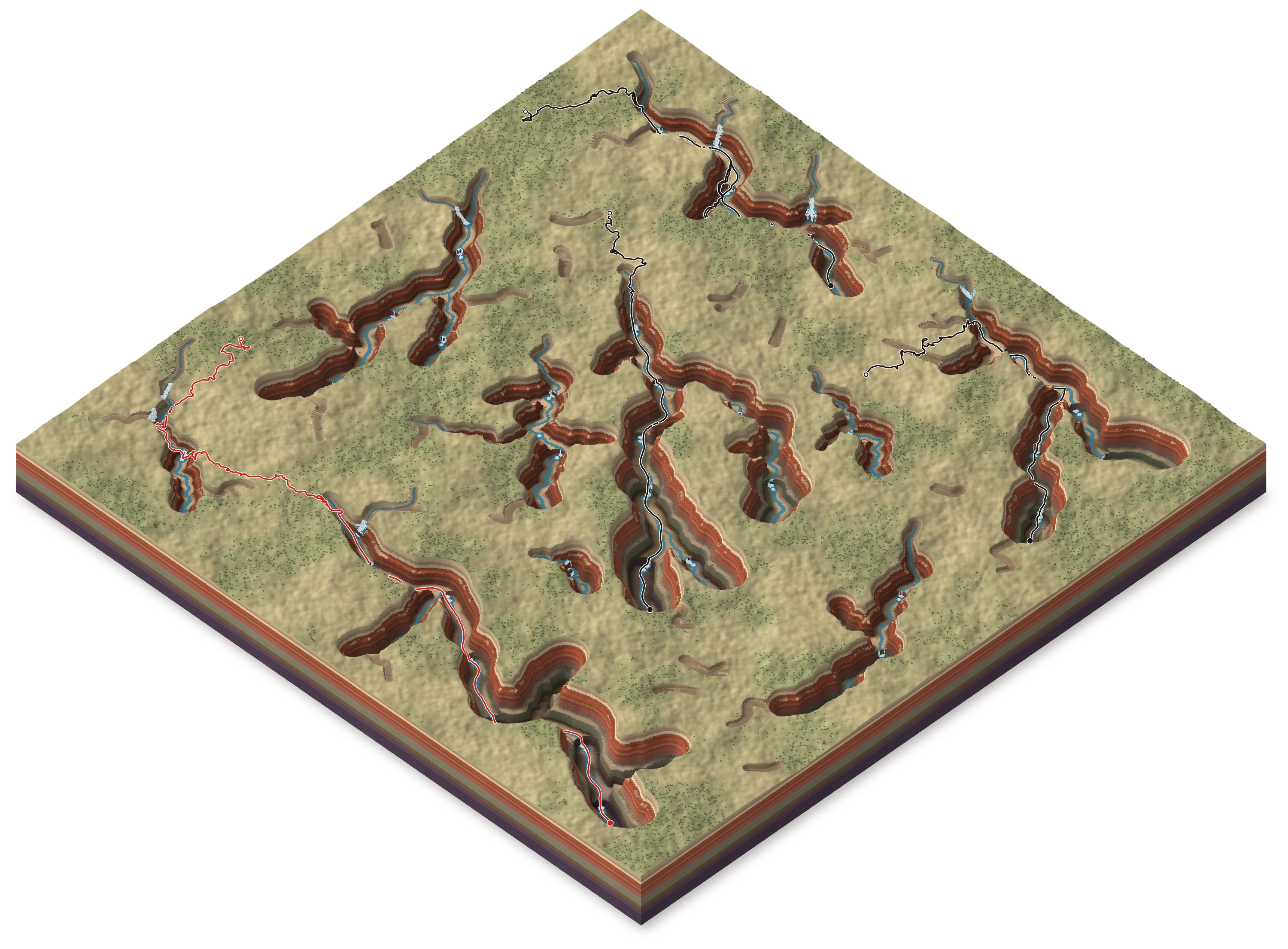 The canyon landscape with four runs drawn on it, each from a random start on the plateau down into a canyon; three end in shallow canyons, the red one in the deepest
