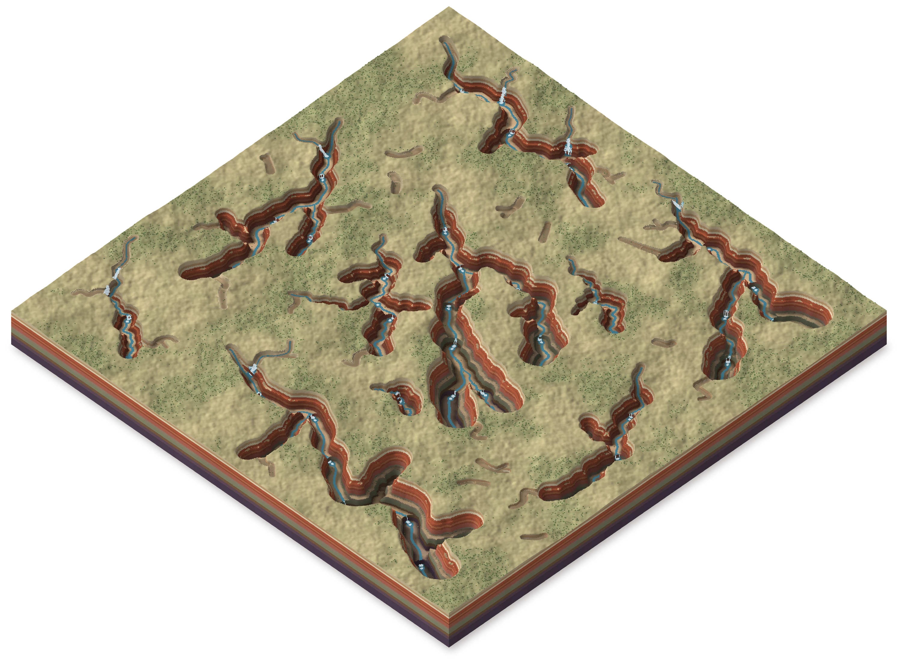 Canyon country as a block model, seen from above: branching canyons cut into a plateau, some of them splitting, their floors stepping down over waterfalls